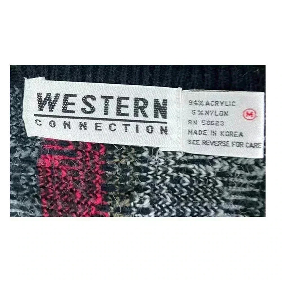 VTG Western Connection Women's Black Red Sweater MEDIUM Acrylic Pockets - Picture 3 of 9
